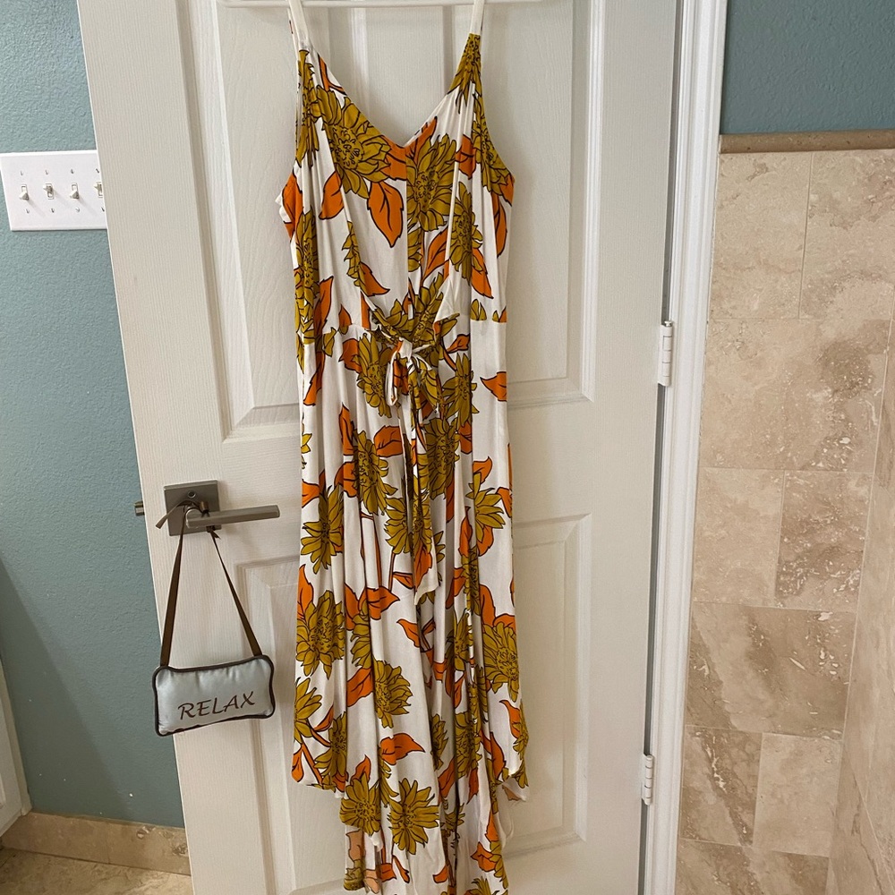 MSK Asymmetrical Dress with Orange and mustard Floral Design